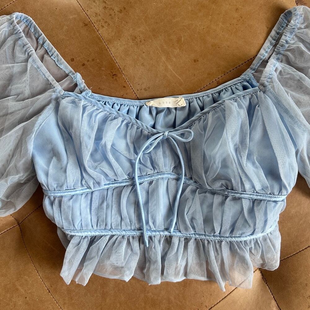Fairy Milkmaid Mesh Babydoll Crop Top Puff Sleeve Romantic Blue Coquette S - Picture 3 of 10